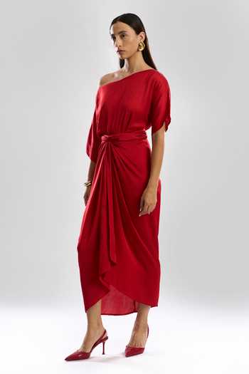 Aroka Red Modal, Satin Off-shoulder Verve Sarong Dress Online at Aza Fashions Aroka_Red Modal, Satin Off-shoulder Verve Sarong Dress_Online_at_Aza_Fashions
