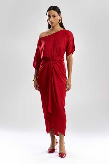 Buy Aroka Red Modal, Satin Off-shoulder Verve Sarong Dress Online at Aza Fashions Buy_Aroka_Red Modal, Satin Off-shoulder Verve Sarong Dress_Online_at_Aza_Fashions