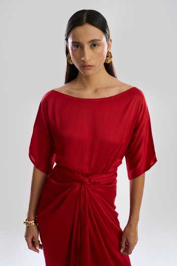 Shop Aroka Red Modal, Satin Off-shoulder Verve Sarong Dress Online at Aza Fashions Shop_Aroka_Red Modal, Satin Off-shoulder Verve Sarong Dress_Online_at_Aza_Fashions
