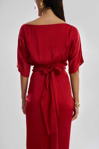Aroka Red Modal, Satin Off-shoulder Verve Sarong Dress at Aza Fashions Aroka_Red Modal, Satin Off-shoulder Verve Sarong Dress_at_Aza_Fashions