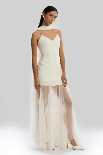 Shop Aroka Ivory Chiffon, Crepe V-neck Mirage Dress And Scarf Set at Aza Fashions Shop_Aroka_Ivory Chiffon, Crepe V-neck Mirage Dress And Scarf Set_at_Aza_Fashions