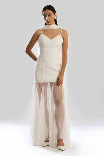 Buy Aroka Ivory Chiffon, Crepe V-neck Mirage Dress And Scarf Set at Aza Fashions Buy_Aroka_Ivory Chiffon, Crepe V-neck Mirage Dress And Scarf Set_at_Aza_Fashions