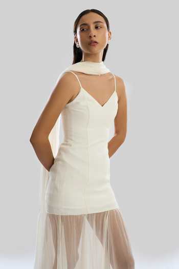 Aroka Ivory Chiffon, Crepe V-neck Mirage Dress And Scarf Set Online at Aza Fashions Aroka_Ivory Chiffon, Crepe V-neck Mirage Dress And Scarf Set_Online_at_Aza_Fashions