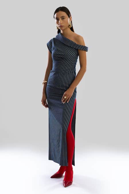 Aroka_Navy Denim One Shoulder Stripe Dress_Online_at_Aza_Fashions
