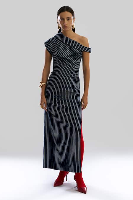 Aroka Navy Denim One Shoulder Stripe Dress 