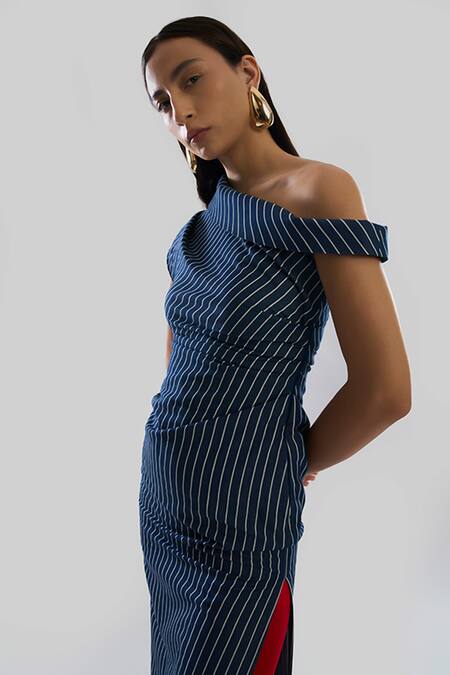 Buy_Aroka_Navy Denim One Shoulder Stripe Dress_Online_at_Aza_Fashions
