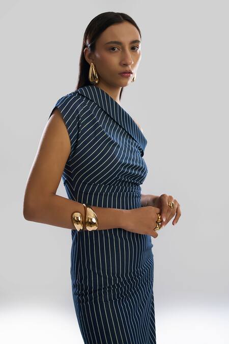 Shop_Aroka_Navy Denim One Shoulder Stripe Dress_Online_at_Aza_Fashions