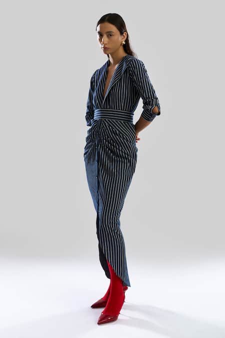 Aroka_Navy Denim Notched Neck Offset Stripe Dress_Online_at_Aza_Fashions