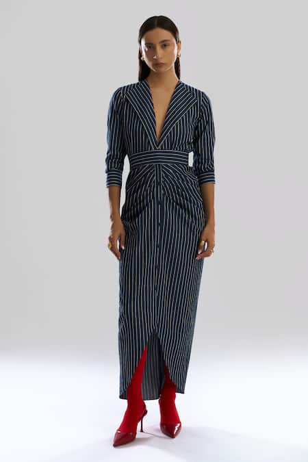 Aroka Navy Denim Notched Neck Offset Stripe Dress 