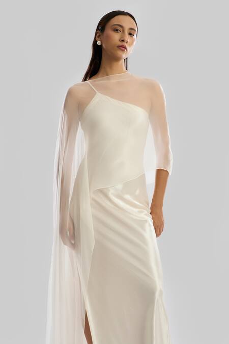 Aroka Ivory Chiffon Asymmetric Aura Gown With Cape Online at Aza Fashions Aroka_Ivory Chiffon Asymmetric Aura Gown With Cape_Online_at_Aza_Fashions