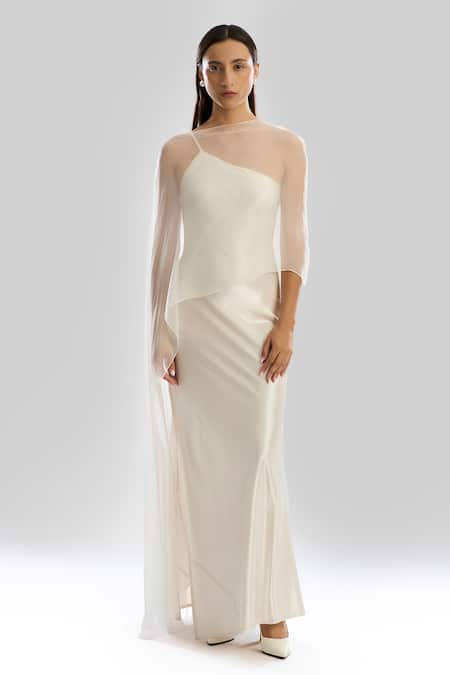 Buy Aroka Ivory Chiffon Asymmetric Aura Gown With Cape Online at Aza Fashions Buy_Aroka_Ivory Chiffon Asymmetric Aura Gown With Cape_Online_at_Aza_Fashions