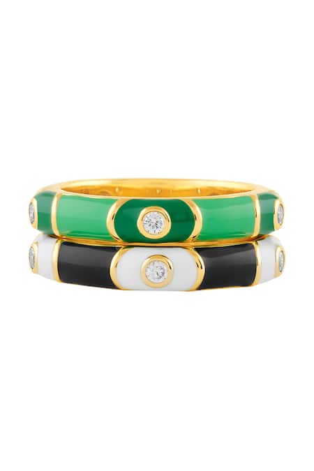 Isharya Green Crystals Mystic Gaze Enamel Ring Stack Online at Aza Fashions Isharya_Green Crystals Mystic Gaze Enamel Ring Stack _Online_at_Aza_Fashions