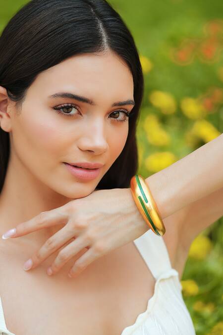 Buy_Varnika Arora_Gold Plated Circlet Green Enamel Bangle_Online_at_Aza_Fashions