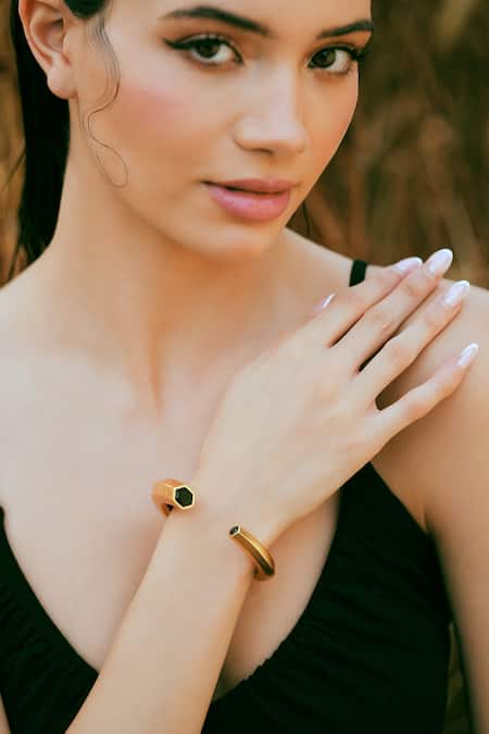 Buy_Varnika Arora_Gold Plated Hexa Black Enamel Cuff _Online_at_Aza_Fashions