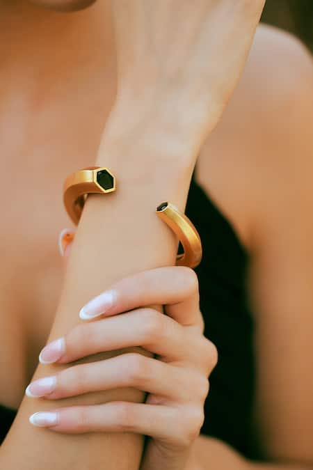 Shop_Varnika Arora_Gold Plated Hexa Black Enamel Cuff _Online_at_Aza_Fashions