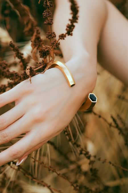 Varnika Arora_Gold Plated Hexa Black Enamel Cuff _at_Aza_Fashions