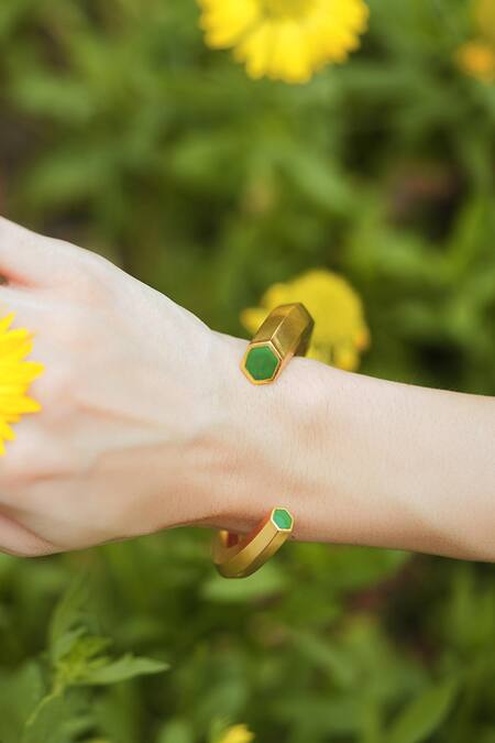 Varnika Arora_Gold Plated Hexa Green Enamel Cuff _Online_at_Aza_Fashions