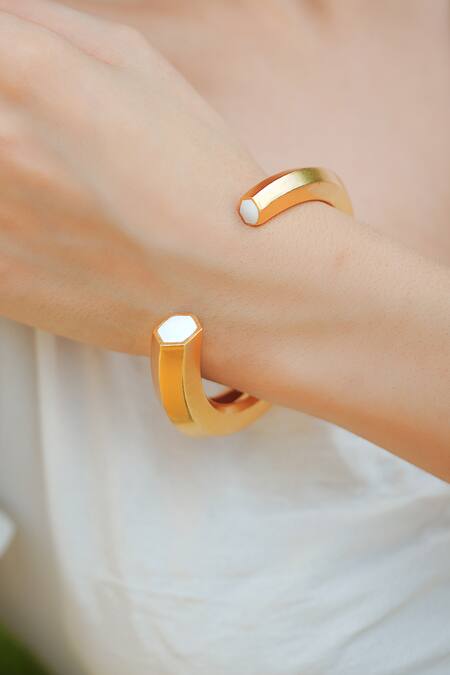 Buy_Varnika Arora_Gold Plated Hexa White Enamel Cuff _Online_at_Aza_Fashions