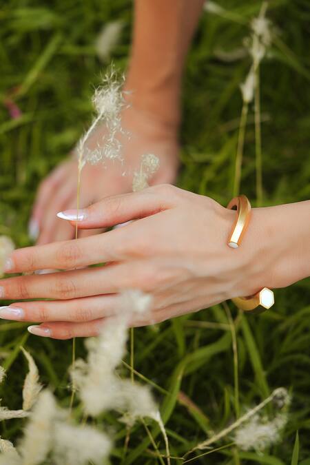 Shop_Varnika Arora_Gold Plated Hexa White Enamel Cuff _Online_at_Aza_Fashions