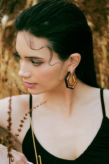 Buy_Varnika Arora_Gold Plated Devine Black Enamel Earrings _Online_at_Aza_Fashions