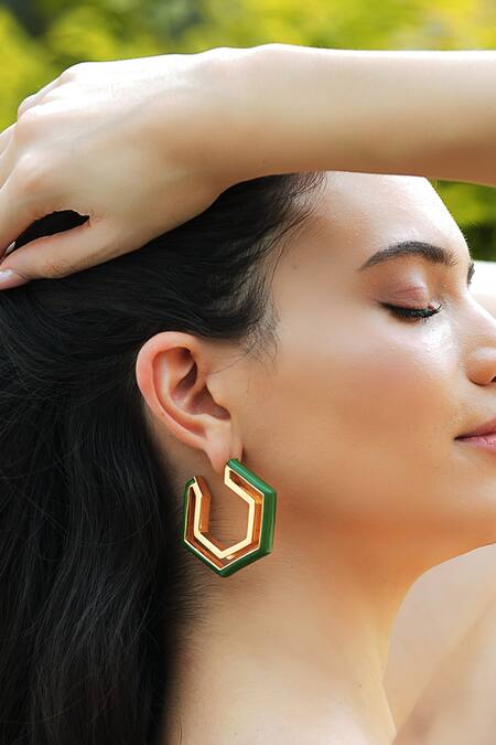 Shop_Varnika Arora_Gold Plated Devine Green Enamel Earrings _Online_at_Aza_Fashions