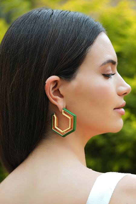 Varnika Arora_Gold Plated Devine Green Enamel Earrings _at_Aza_Fashions