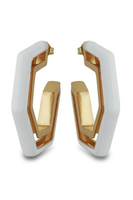 Varnika Arora_Gold Plated Devine White Enamel Earrings _at_Aza_Fashions