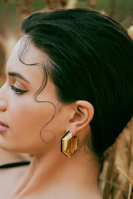 Varnika Arora_Gold Plated Helixa Black Enamel Hoops _Online_at_Aza_Fashions