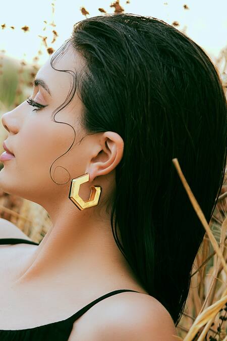Shop_Varnika Arora_Gold Plated Helixa Black Enamel Hoops _Online_at_Aza_Fashions