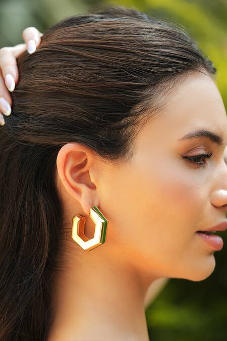 Buy_Varnika Arora_Gold Plated Helixa Green Enamel Hoops _Online_at_Aza_Fashions