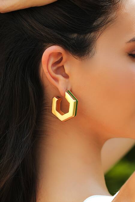 Shop_Varnika Arora_Gold Plated Helixa Green Enamel Hoops _Online_at_Aza_Fashions