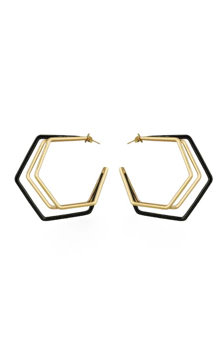 Varnika Arora Small Trio Black Enamel Gold Hoops 