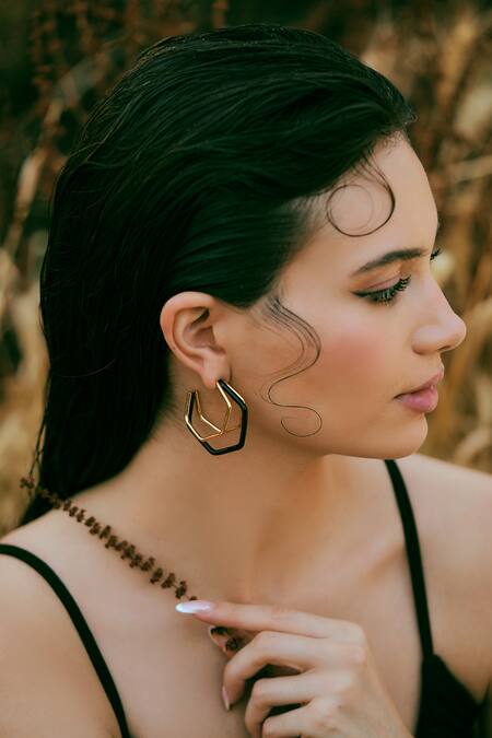 Buy_Varnika Arora_Gold Plated Small Trio Black Enamel Hoops _Online_at_Aza_Fashions