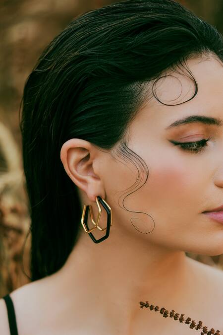 Shop_Varnika Arora_Gold Plated Small Trio Black Enamel Hoops _Online_at_Aza_Fashions