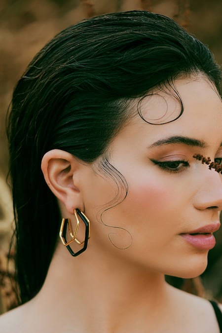 Varnika Arora Gold Plated Small Trio Black Enamel Hoops 