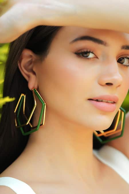 Varnika Arora_Gold Plated Xl Trio Green Enamel Hoops _Online_at_Aza_Fashions