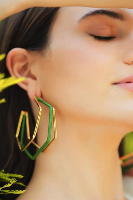 Buy_Varnika Arora_Gold Plated Xl Trio Green Enamel Hoops _Online_at_Aza_Fashions