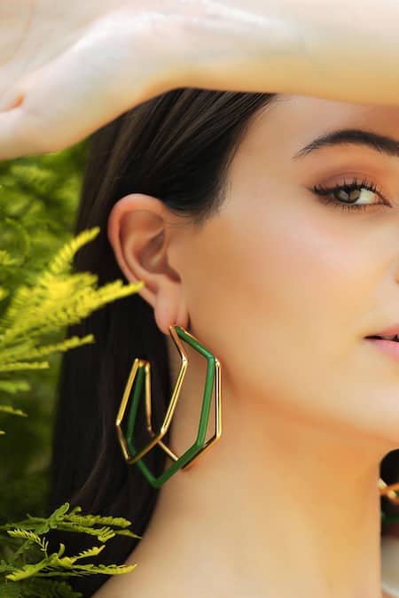 Shop_Varnika Arora_Gold Plated Xl Trio Green Enamel Hoops _Online_at_Aza_Fashions