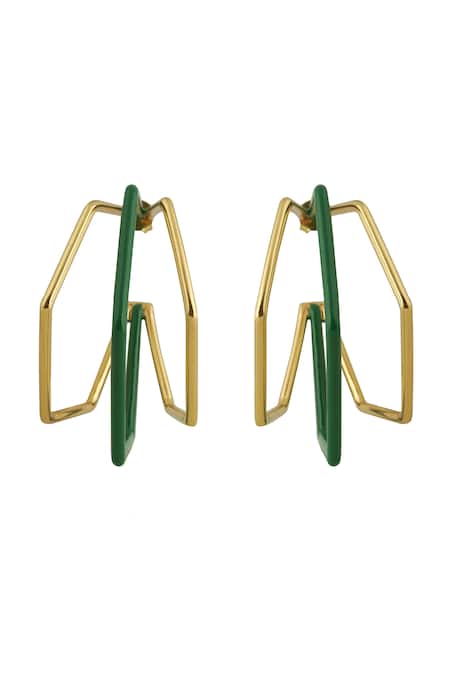 Varnika Arora_Gold Plated Xl Trio Green Enamel Hoops _at_Aza_Fashions
