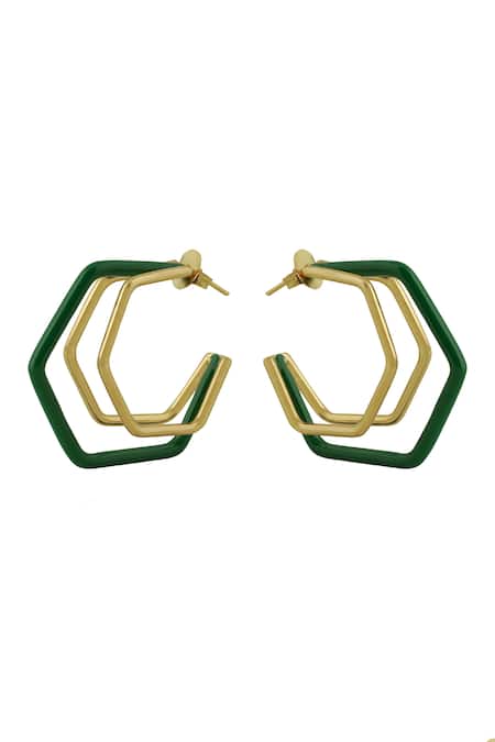 Varnika Arora Small Trio Green Enamel Gold Hoops 
