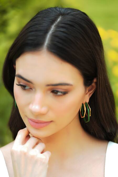 Buy_Varnika Arora_Gold Plated Small Trio Green Enamel Hoops _Online_at_Aza_Fashions