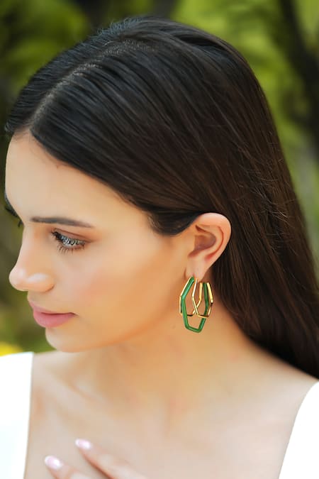 Varnika Arora Gold Plated Small Trio Green Enamel Hoops 