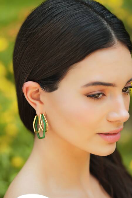 Shop_Varnika Arora_Gold Plated Small Trio Green Enamel Hoops _Online_at_Aza_Fashions