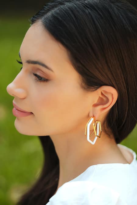 Buy_Varnika Arora_Gold Plated Small Trio White Enamel Hoops _Online_at_Aza_Fashions