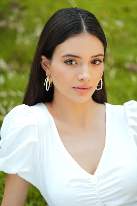 Shop_Varnika Arora_Gold Plated Small Trio White Enamel Hoops _Online_at_Aza_Fashions