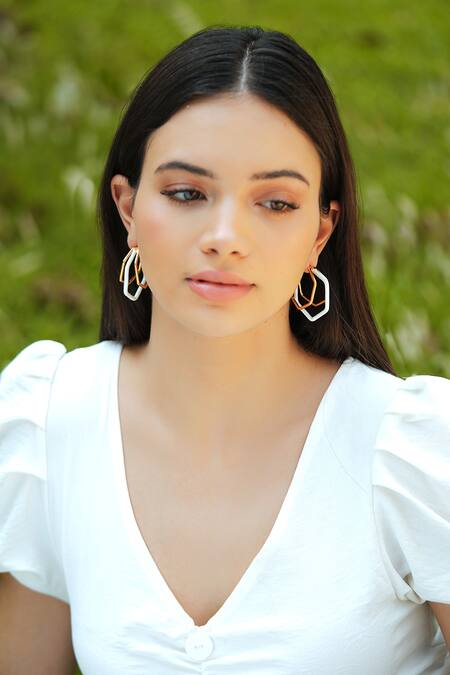 Varnika Arora_Gold Plated Small Trio White Enamel Hoops _at_Aza_Fashions
