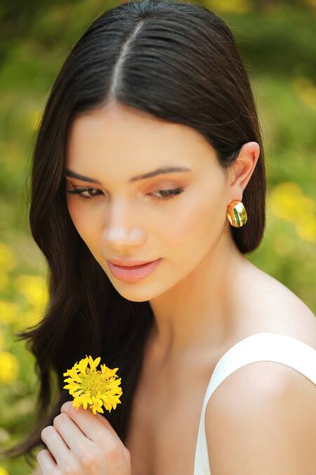 Buy_Varnika Arora_Gold Plated Luna Green Enamel Hoops _Online_at_Aza_Fashions