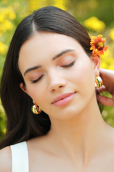 Shop_Varnika Arora_Gold Plated Luna Green Enamel Hoops _Online_at_Aza_Fashions