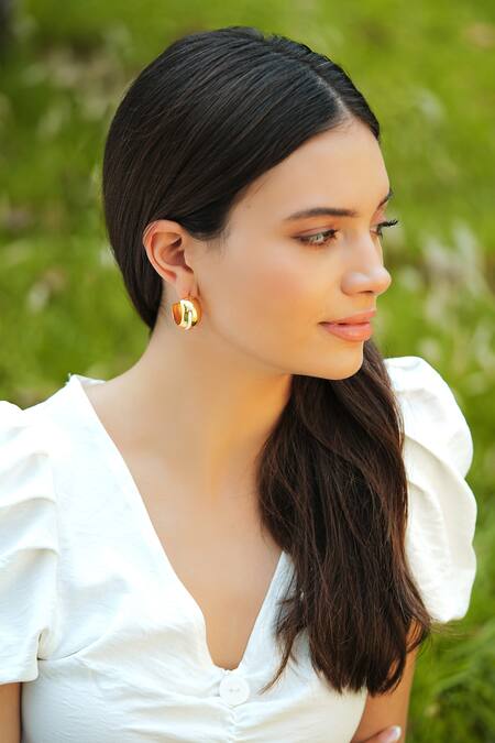 Buy_Varnika Arora_Gold Plated Luna White Enamel Hoops _Online_at_Aza_Fashions
