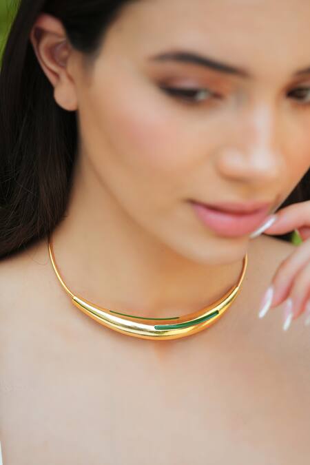 Buy_Varnika Arora_Gold Plated Green Enamel Neckpiece _Online_at_Aza_Fashions